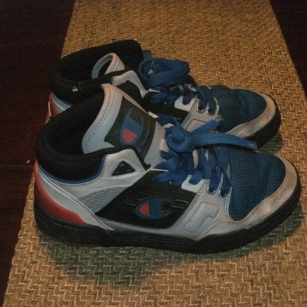 Champion 3 on 3 Block Mid Top Black & Blue Multi Color Sneaker Shoe Youth sz 4